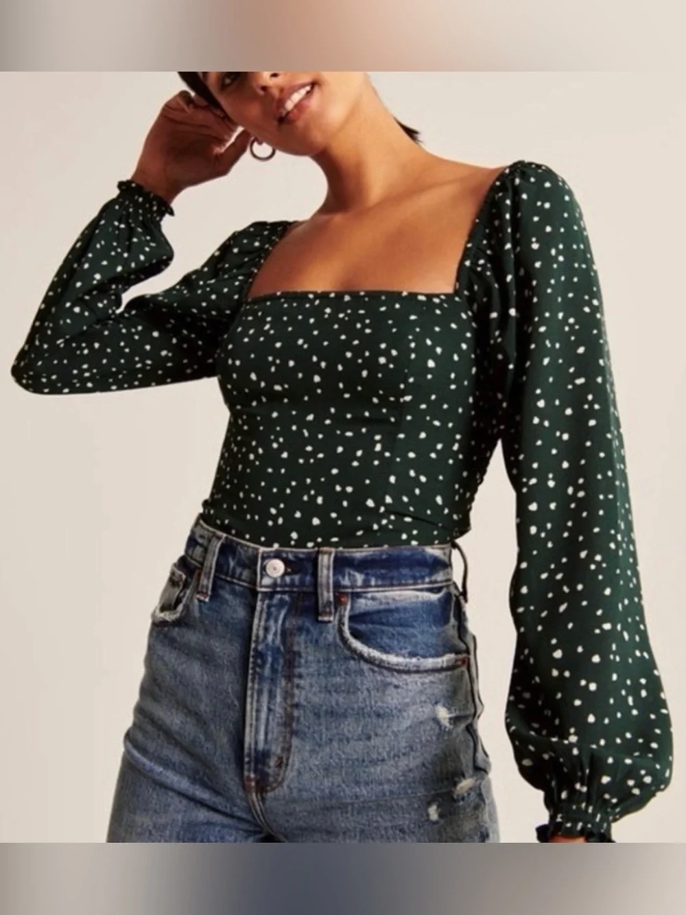 Abercrombie & Fitch Green Polka Dot Long Puff Sleeve Square Neck Off Shoulder
